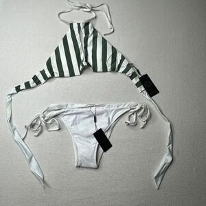 Relleciga Green White Stripe Halter Bikini Set Designed in Paris Size M